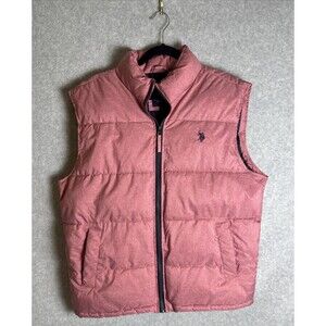 US Polo Assn Mens Sleeveless Full Zip Up Quilted Puffer Vest SZ Large Rose/Navy